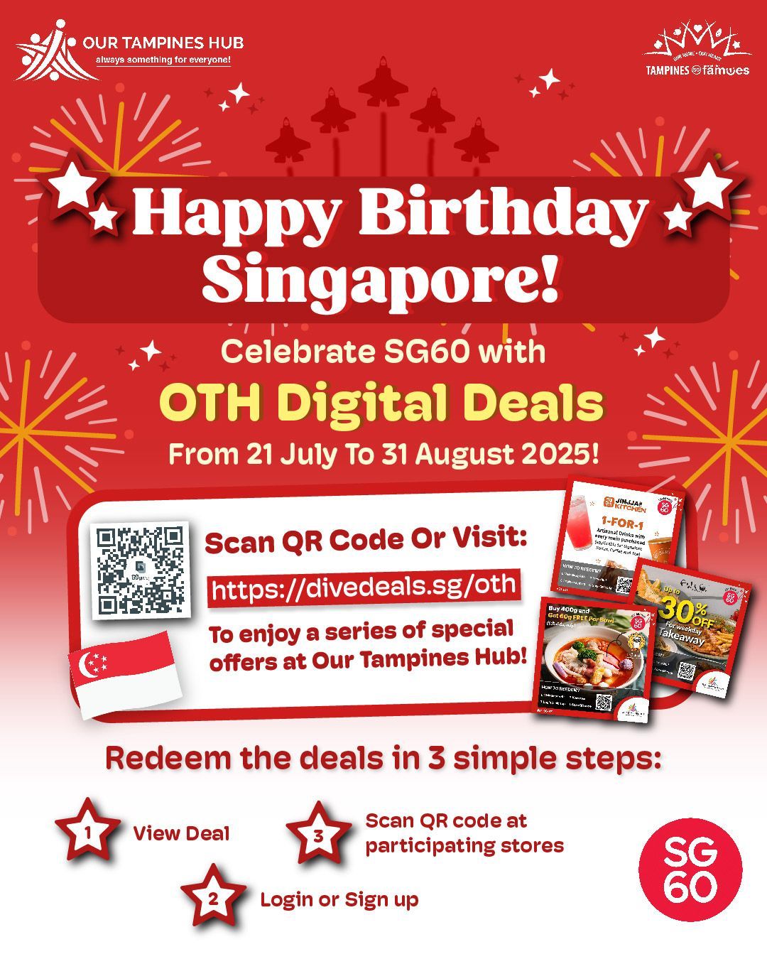 A vibrant image celebrating SG60, hinting at digital deals and community festivities at Our Tampines Hub.