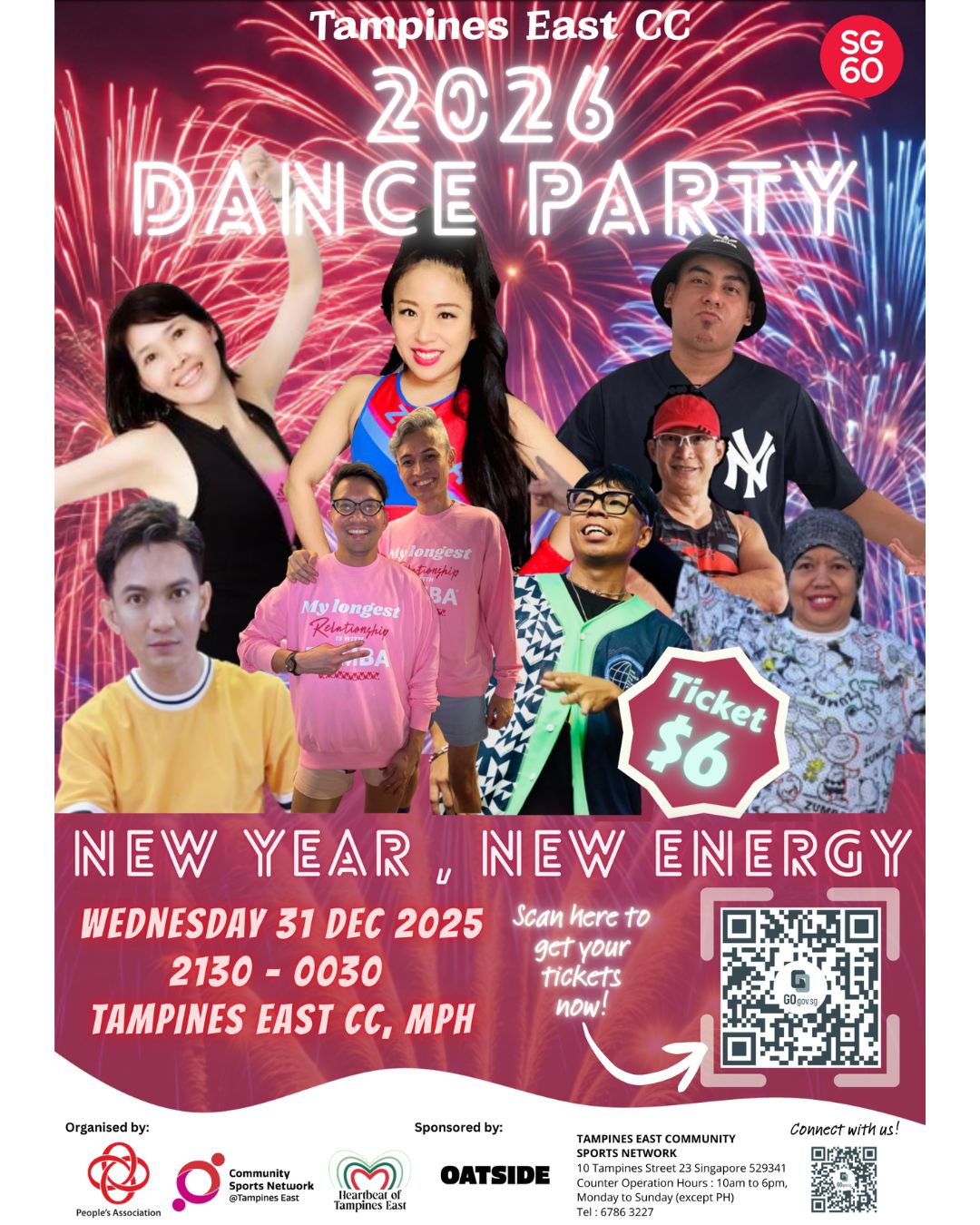 A vibrant crowd dancing at a New Year's Eve celebration with colorful lights.