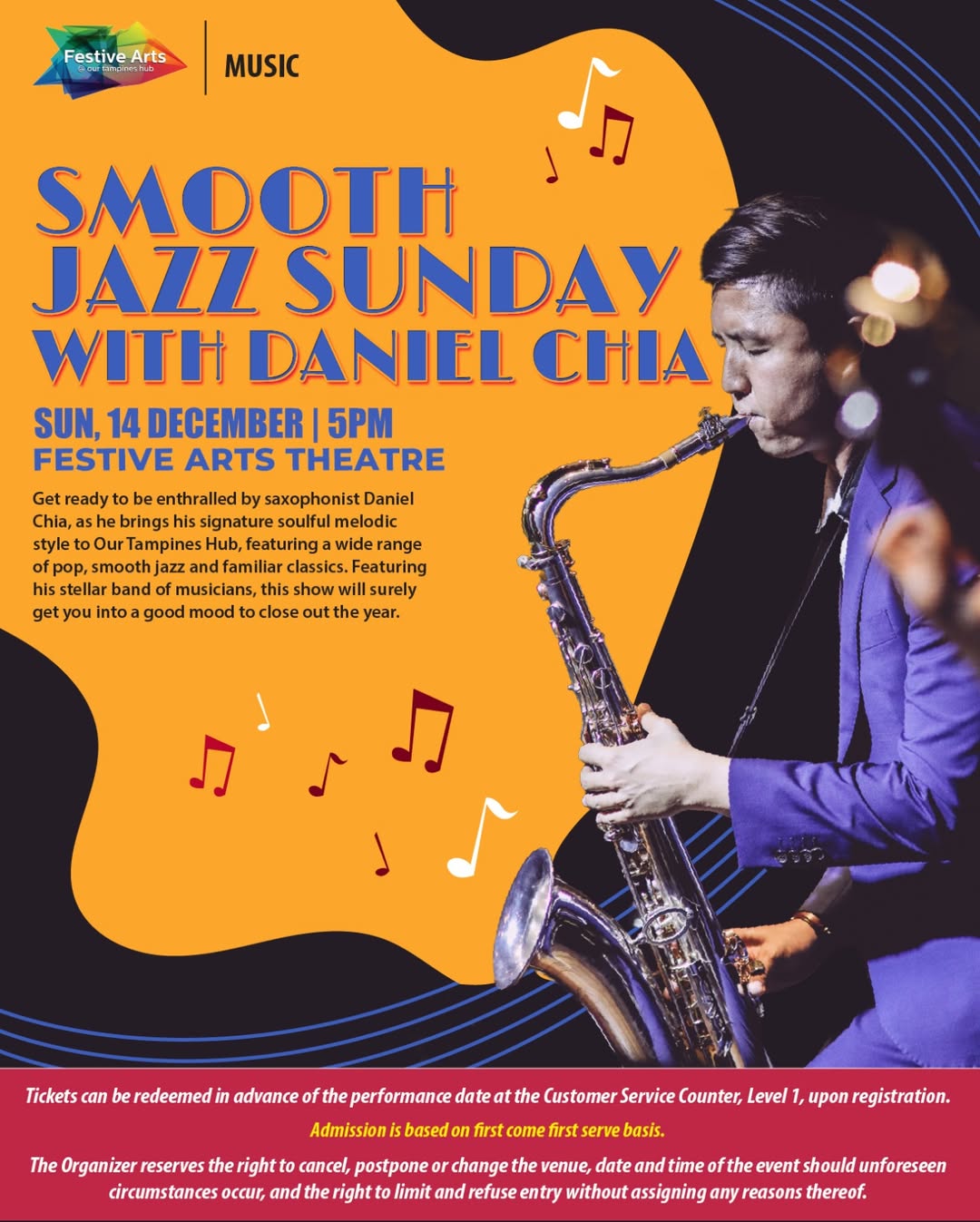 Saxophonist Daniel Chia performing live on stage with his instrument