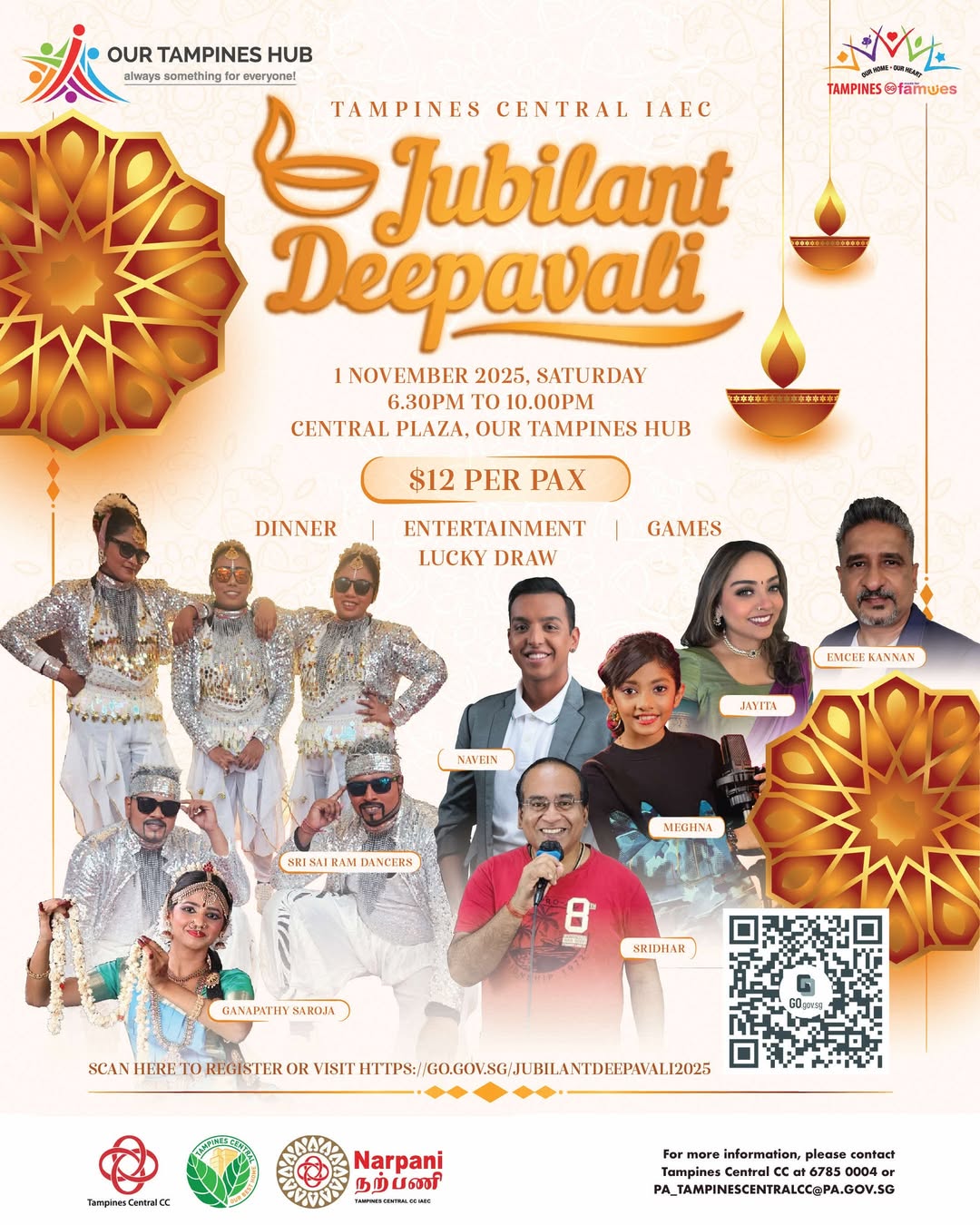 A vibrant Deepavali celebration with traditional decor and happy community members at Tampines Central
