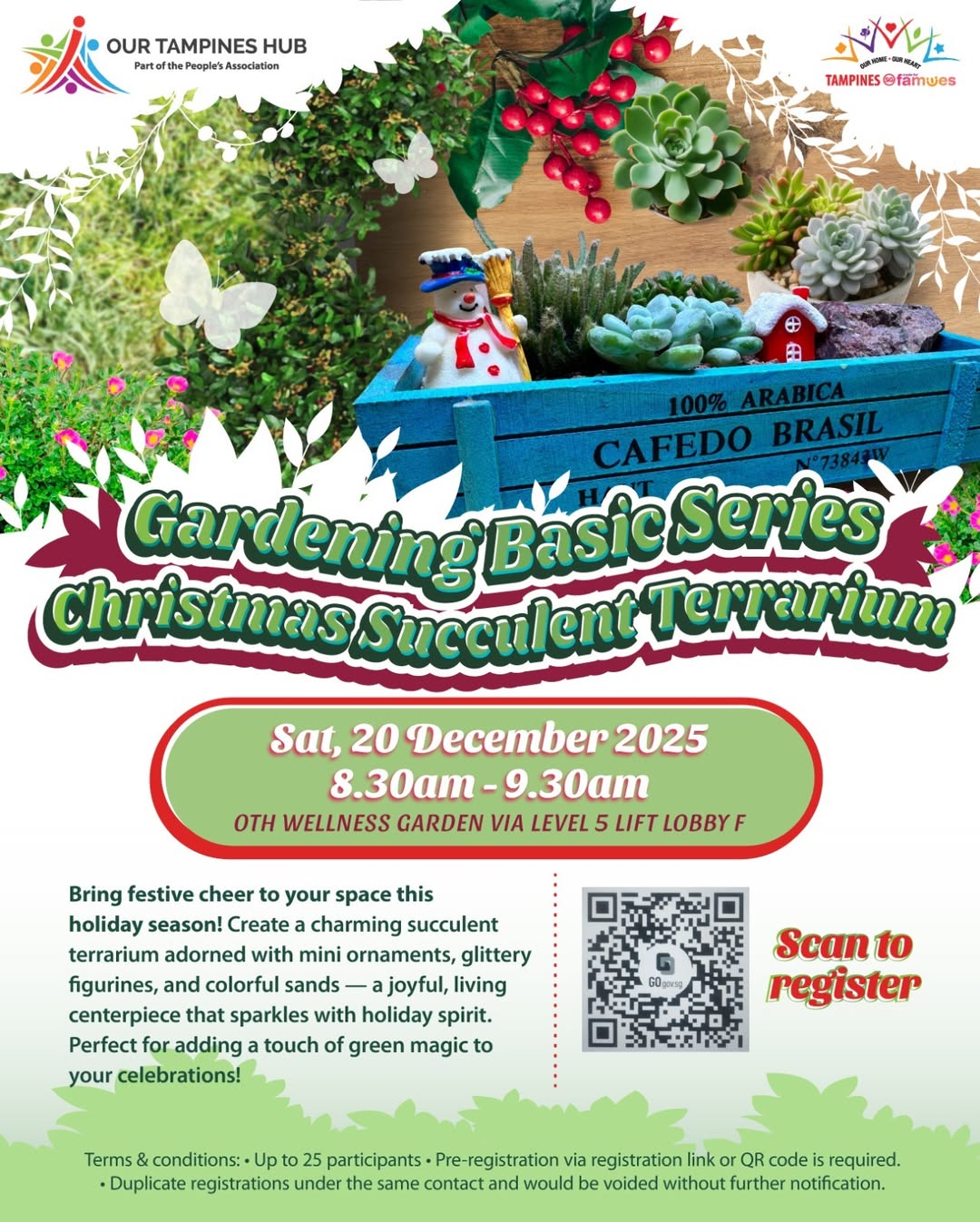 A beautifully decorated festive succulent terrarium with miniature ornaments and colorful sands.