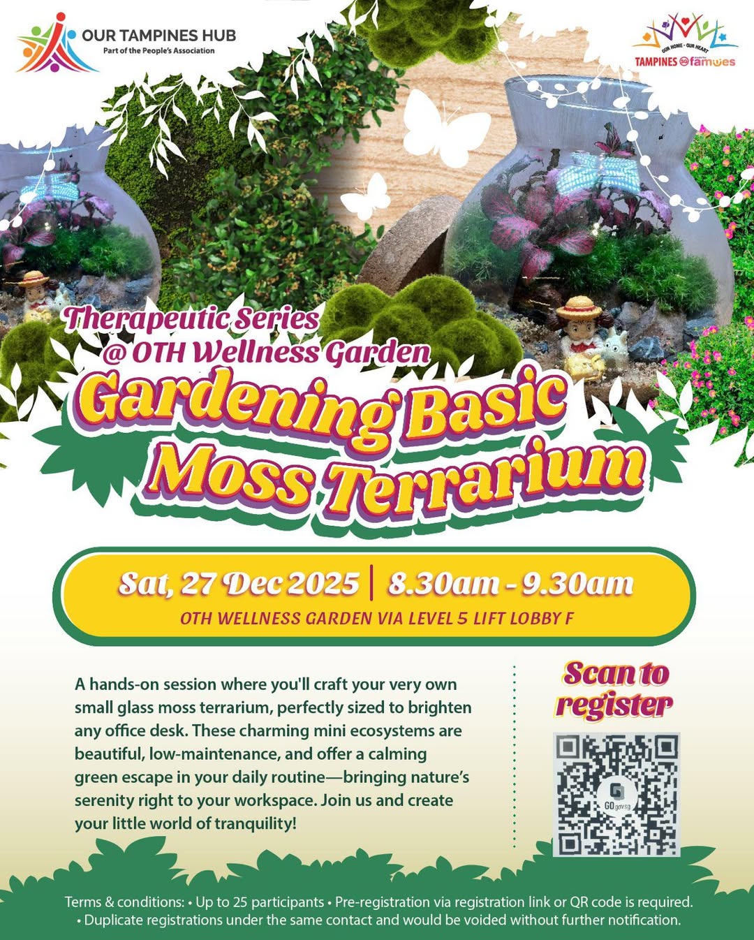 A beautifully crafted mini moss terrarium with lush green moss and tiny decorative elements.