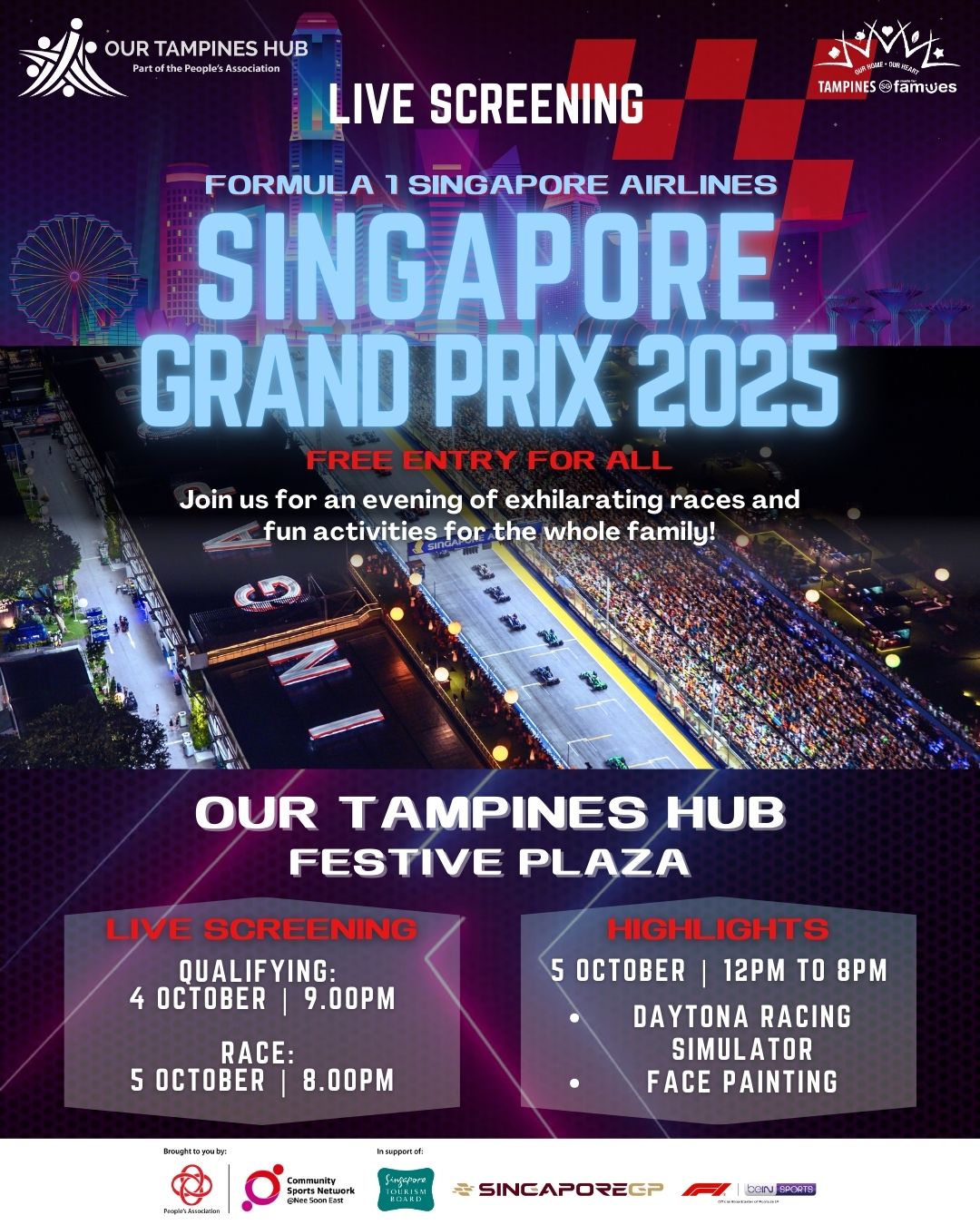 A vibrant scene at Our Tampines Hub's Festive Plaza, showing a large screen broadcasting a Formula 1 race with an enthusiastic crowd gathered, showcasing the community spirit.