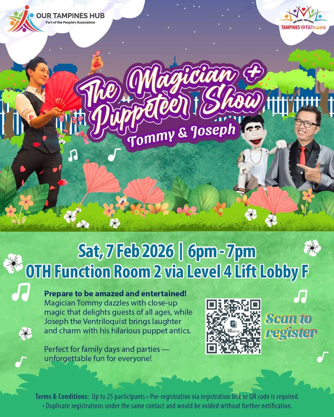 Magician Tommy and Joseph the Ventriloquist performing for a live audience