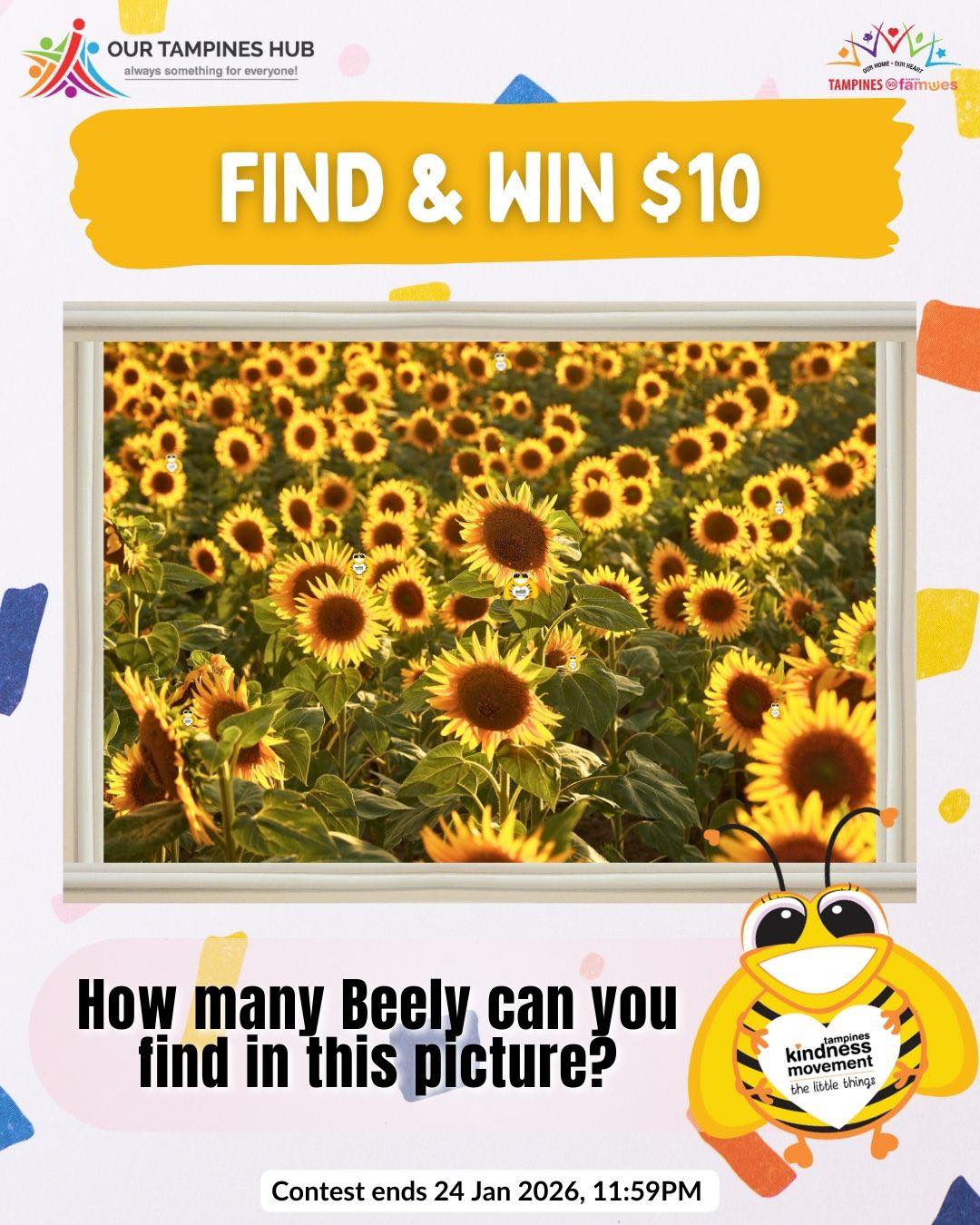 A vibrant field of sunflowers featuring Beely the Bee for the Our Tampines Hub contest