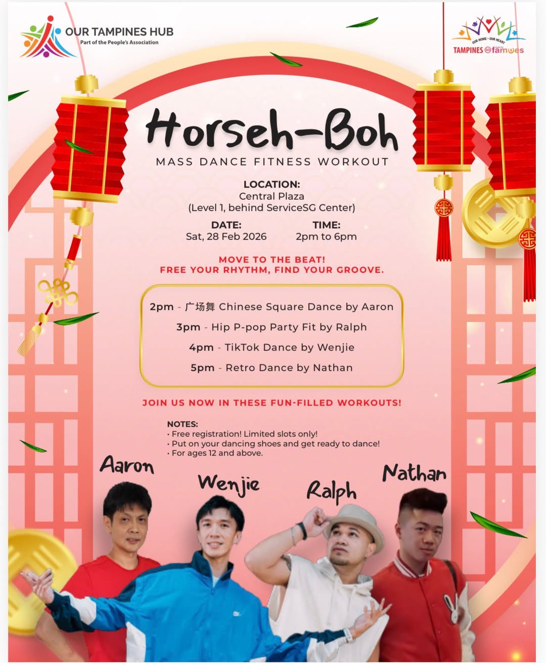 A lively community fitness event at Central Plaza featuring various dance and workout styles.