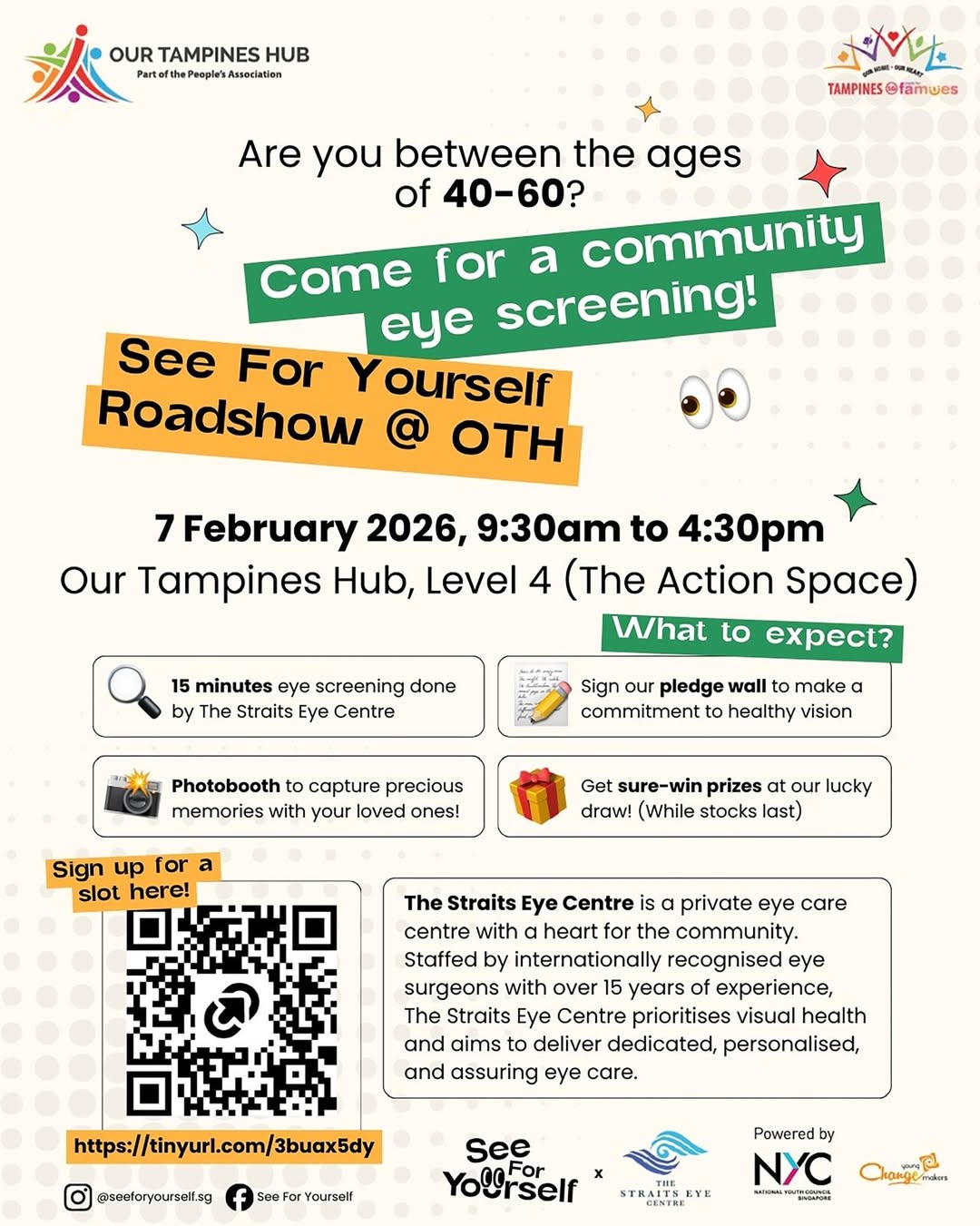 A community eye screening event for Tampines residents.