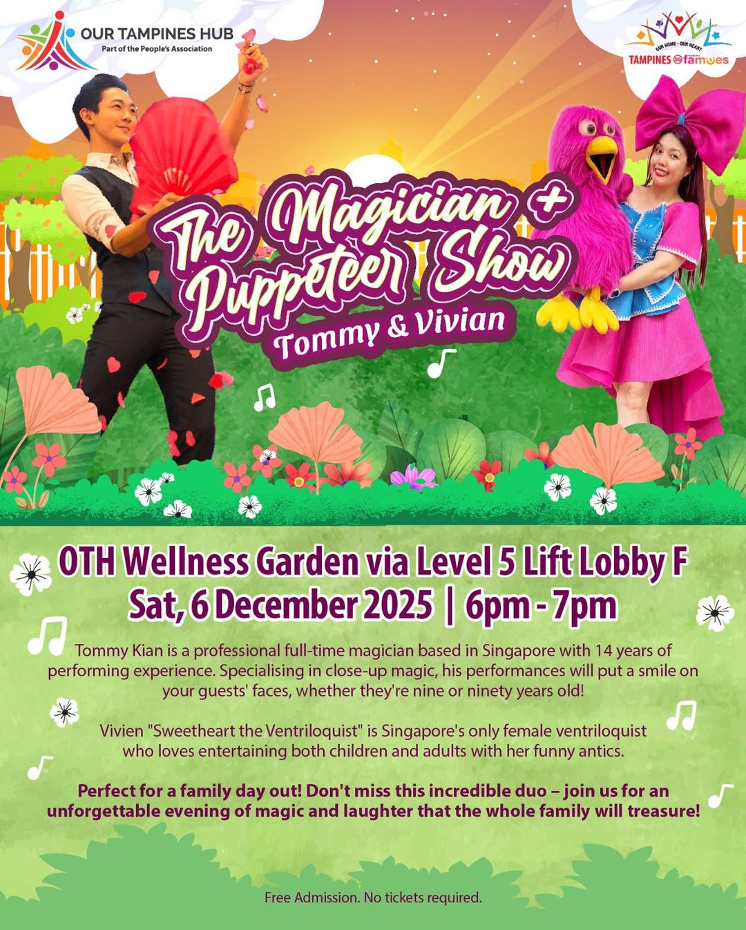 A magician performing close-up magic and a ventriloquist with a puppet, representing family holiday entertainment.