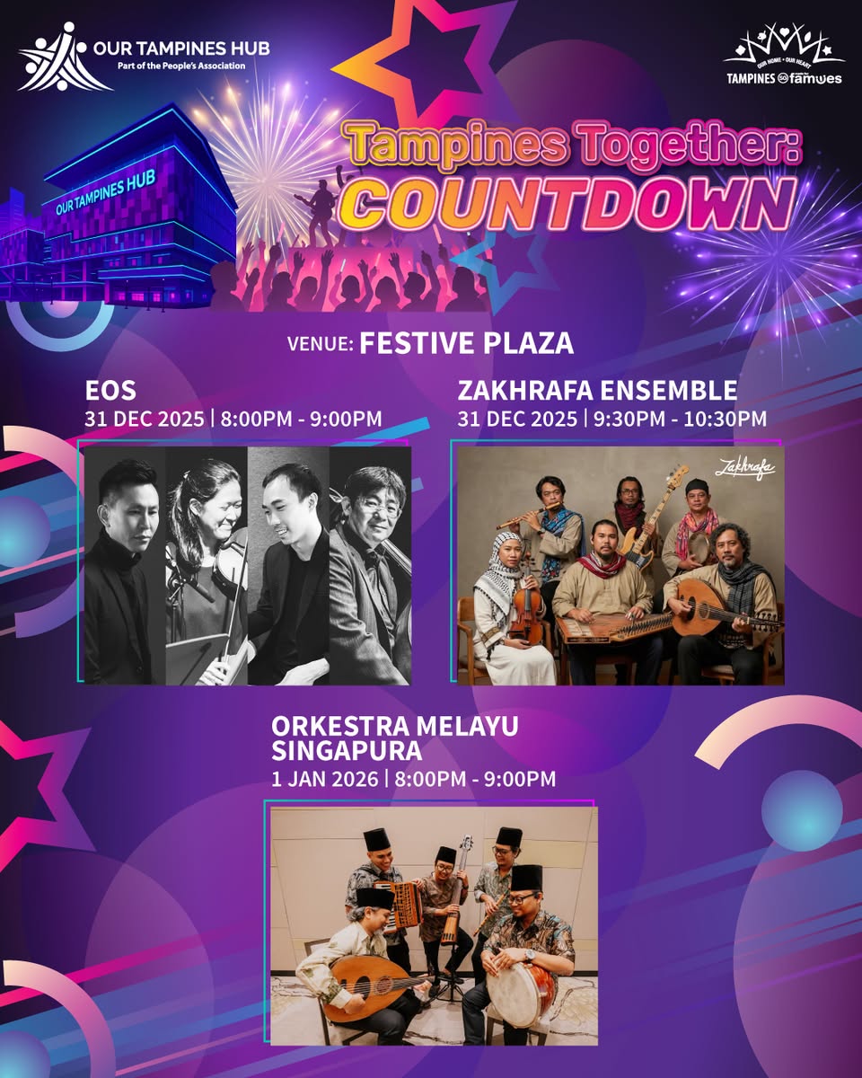 Musicians performing on stage with dynamic lighting at Festive Plaza.