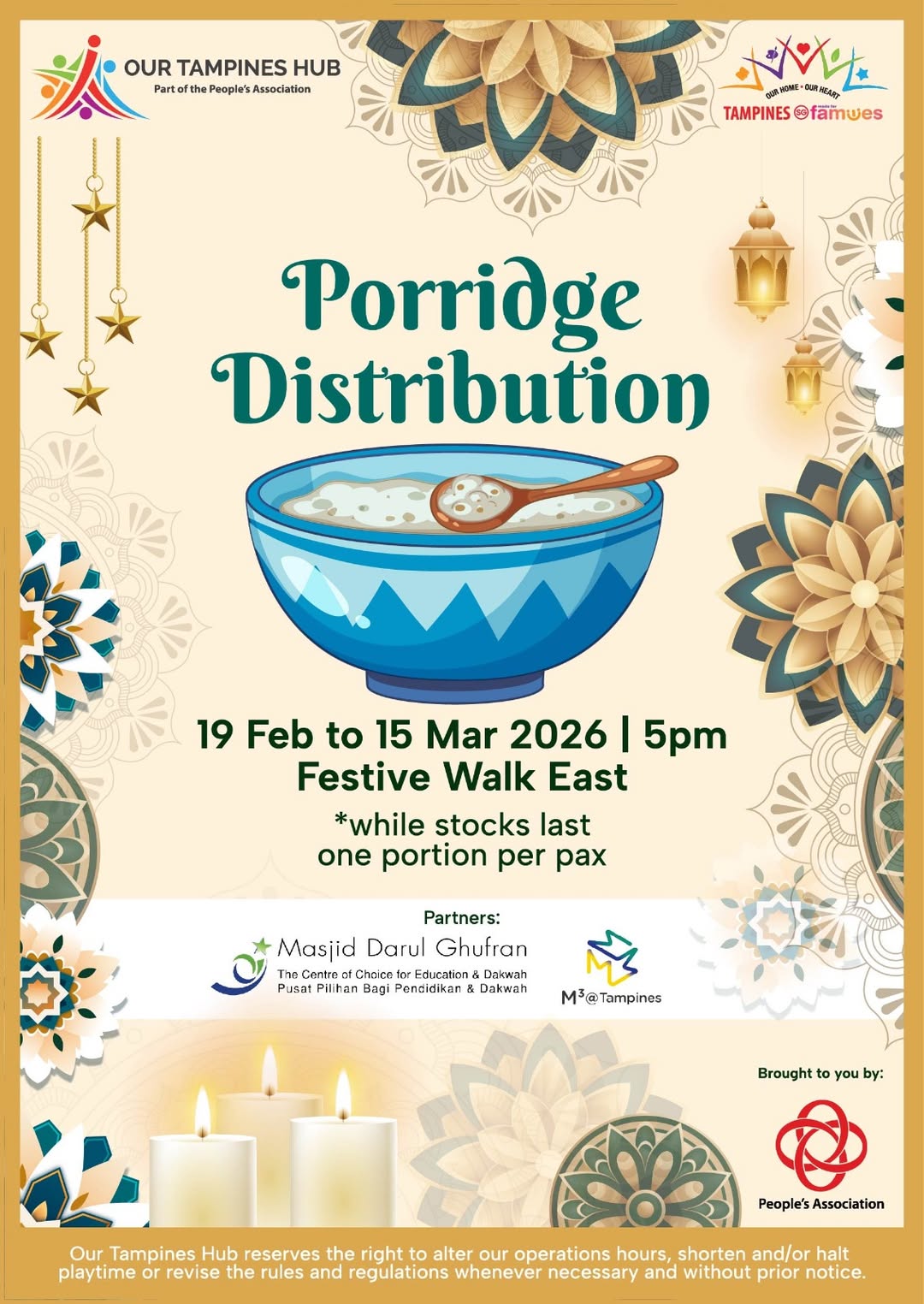 Community members gathering for the free porridge distribution at Our Tampines Hub