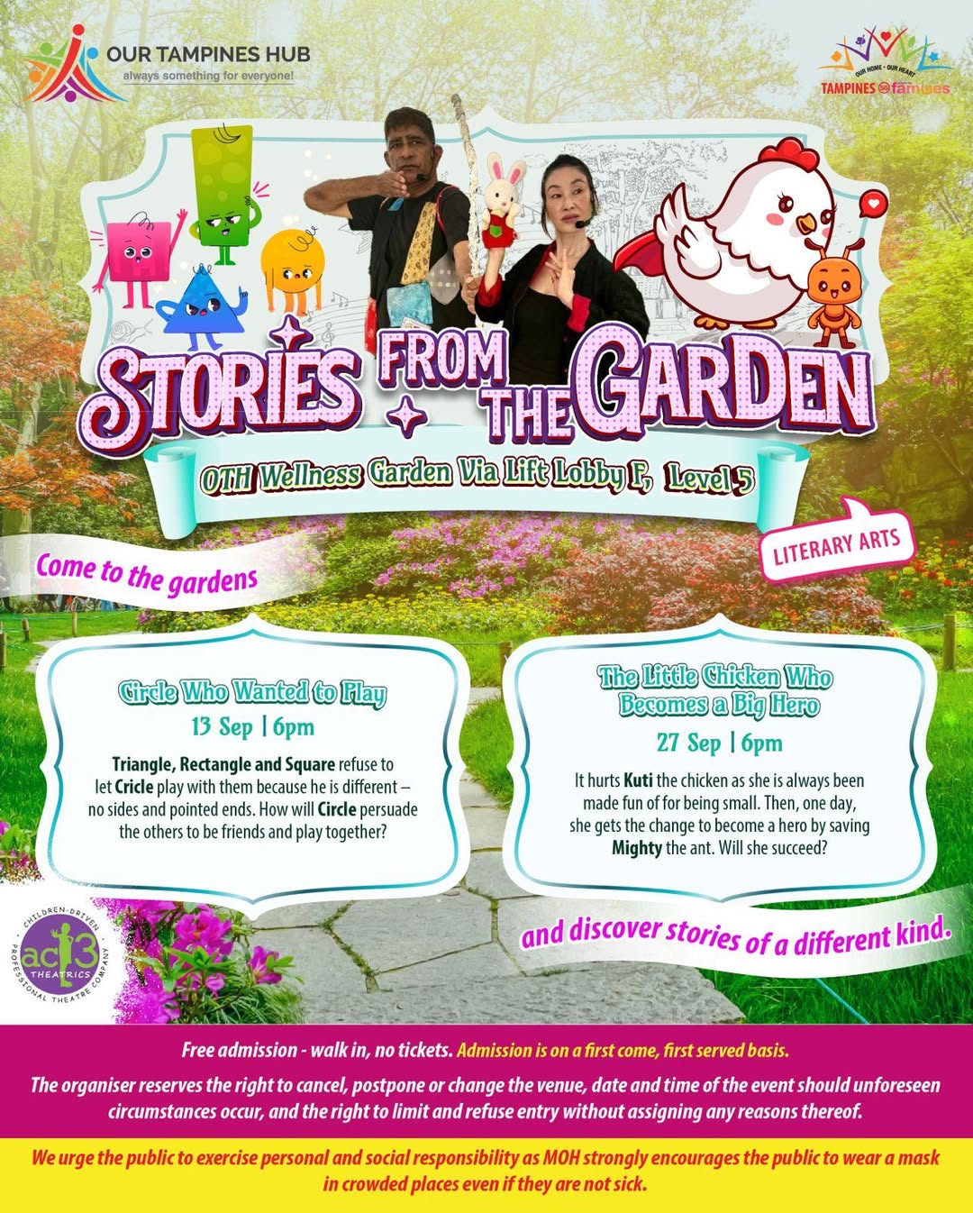 A serene garden setting, bathed in the warm glow of evening, inviting attendees to a storytelling event.