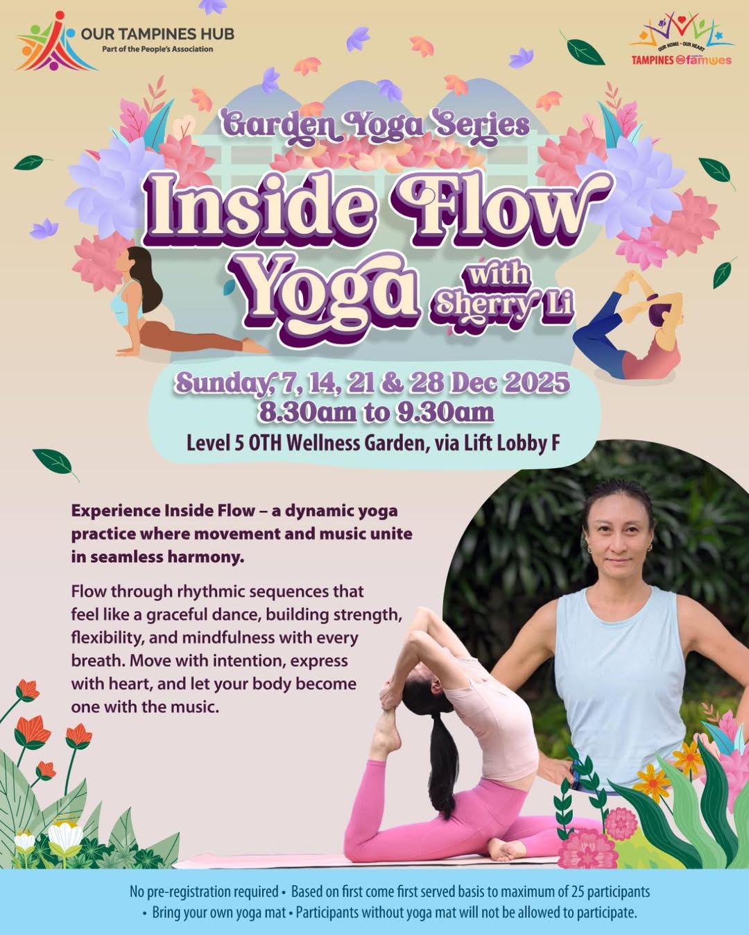 A serene outdoor yoga session with participants flowing gracefully to music.