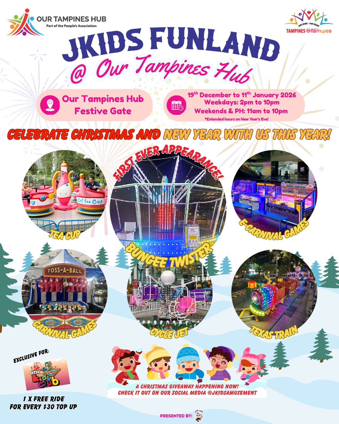 A vibrant scene from JKIDS FUNLAND at Our Tampines Hub featuring exciting rides and festive decorations