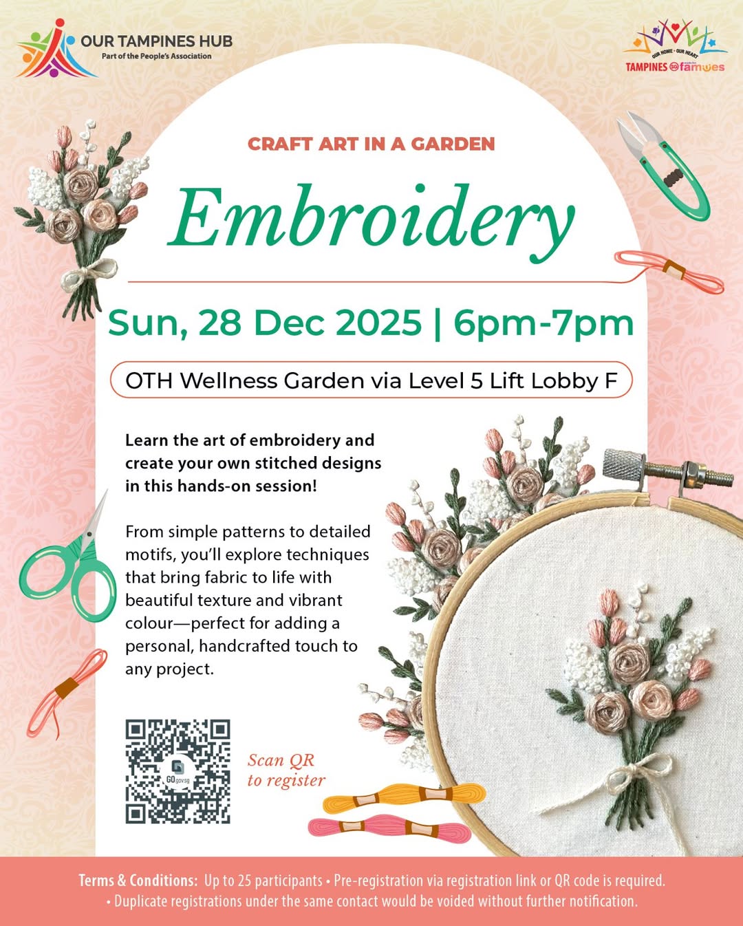 A close-up of hands embroidering, with colorful threads and a partially completed floral design on fabric.