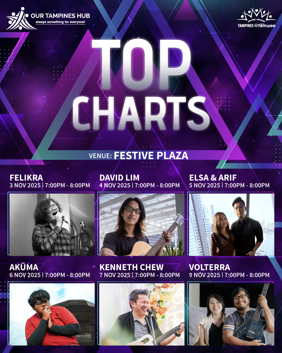 A vibrant evening scene at Festive Plaza, featuring a live music concert stage and an engaged audience.