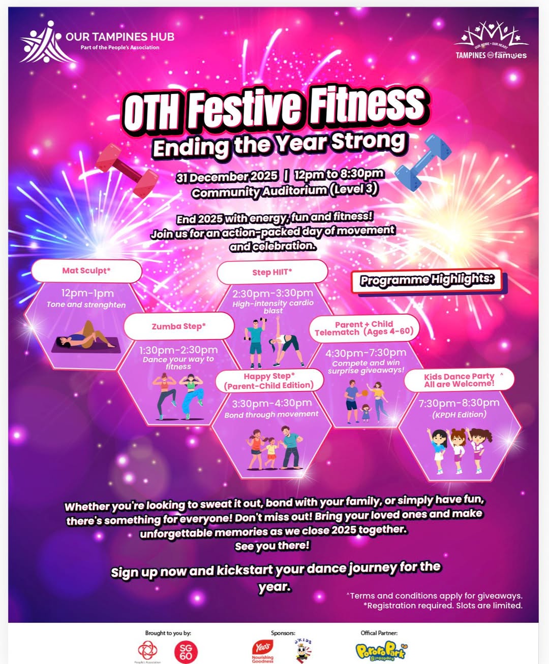A vibrant collage promoting OTH Festive Fitness, showcasing people exercising, dancing, and enjoying family activities.