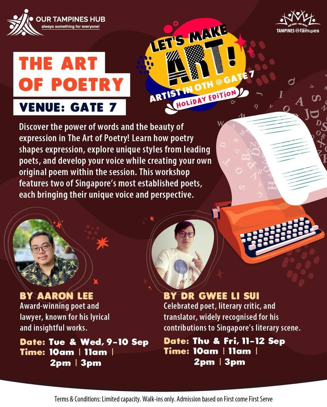 Creative illustration symbolizing poetry and art at an Our Tampines Hub holiday event, featuring elements like an open book and flowing lines.