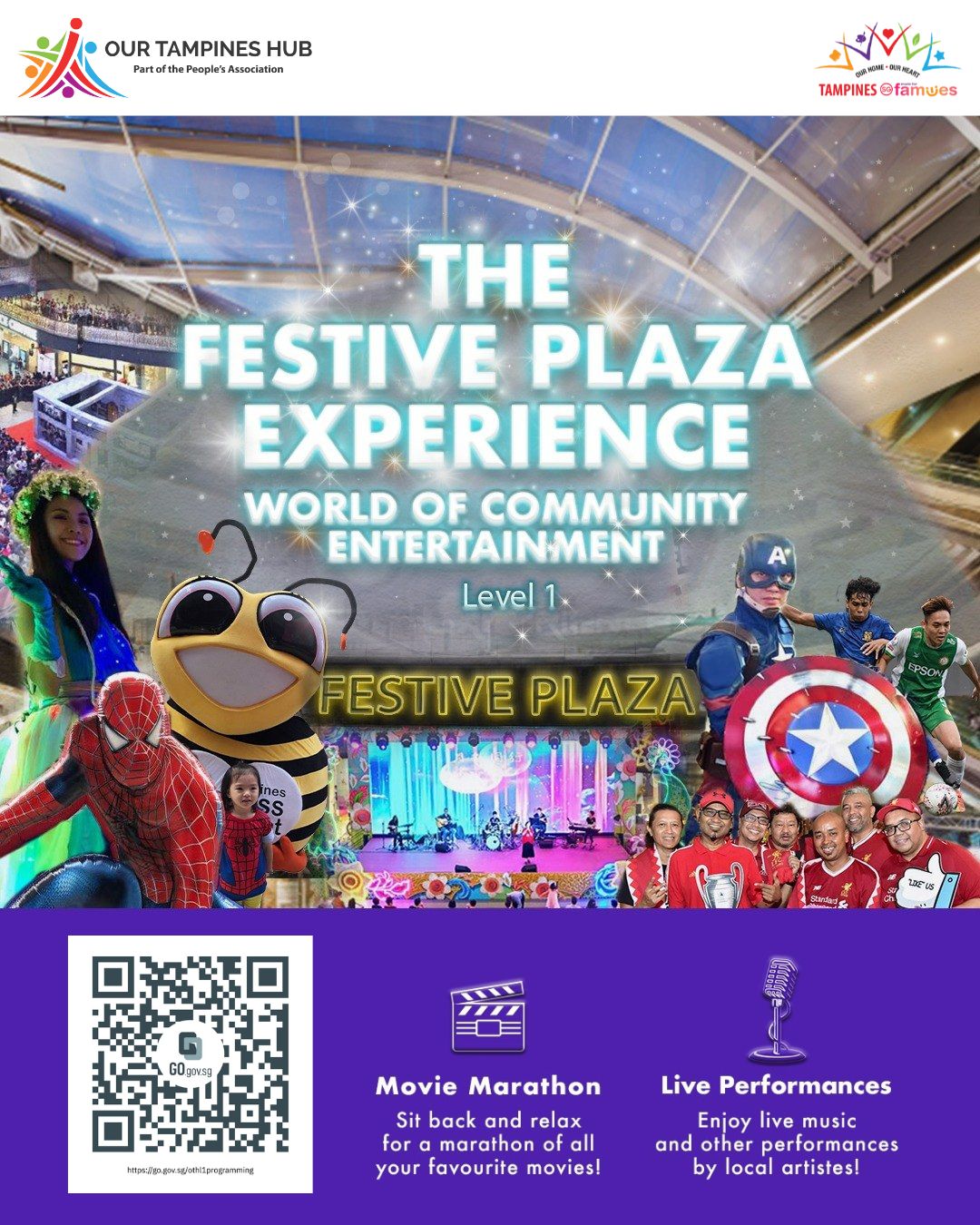 A vibrant scene at Festive Plaza or Central Plaza, potentially showing people enjoying events or a movie screening.