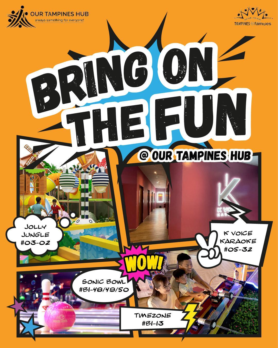 A vibrant scene of people enjoying various activities at Our Tampines Hub