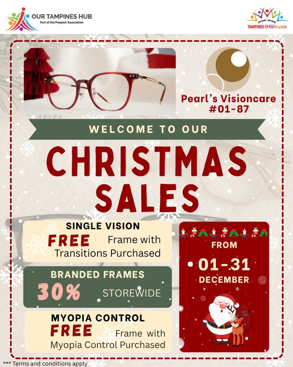 Festive eyewear display with Christmas decorations, symbolizing clear vision and holiday savings
