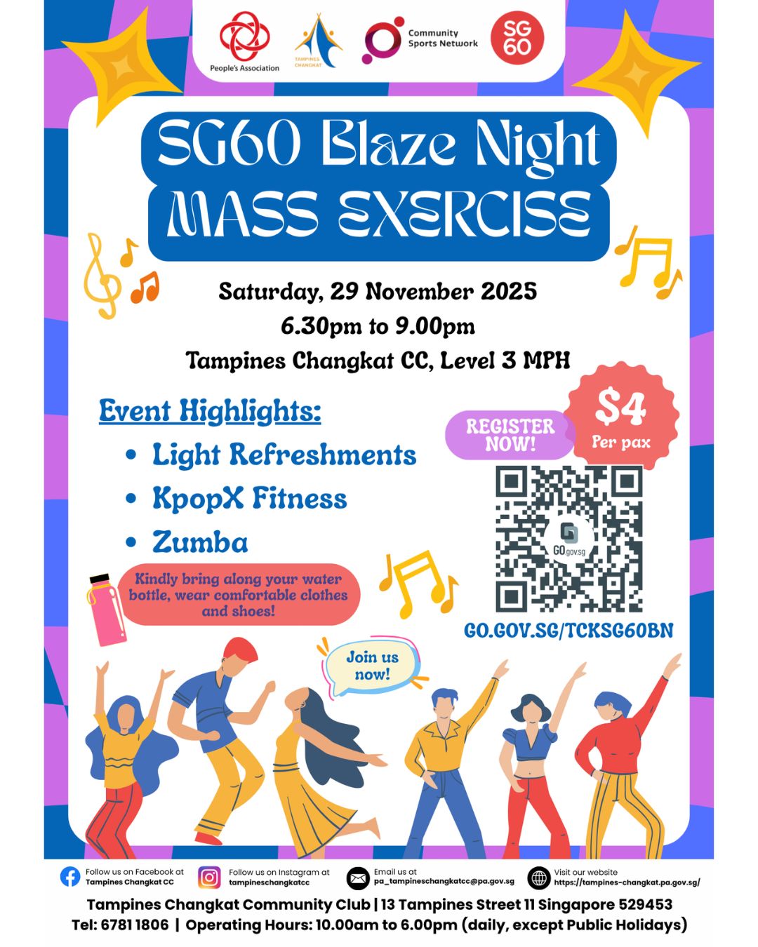 Energetic fitness event promotion with colorful lighting and people exercising.