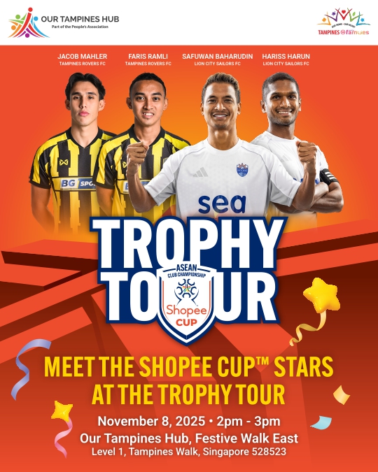 Fans interacting with the Shopee Cup trophy at a tour event