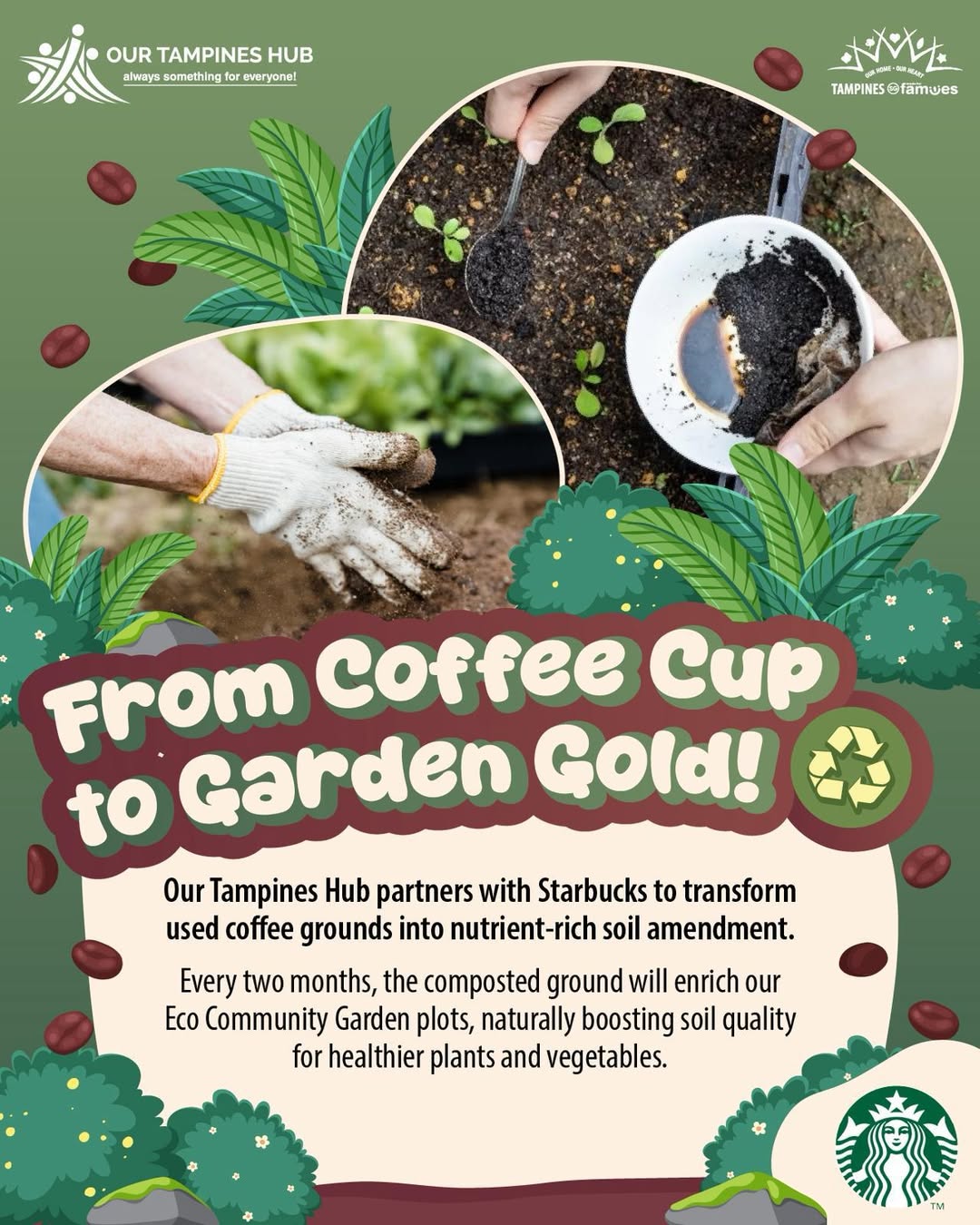 Our Tampines Hub staff and Starbucks representatives with coffee grounds for the Eco Community Garden.