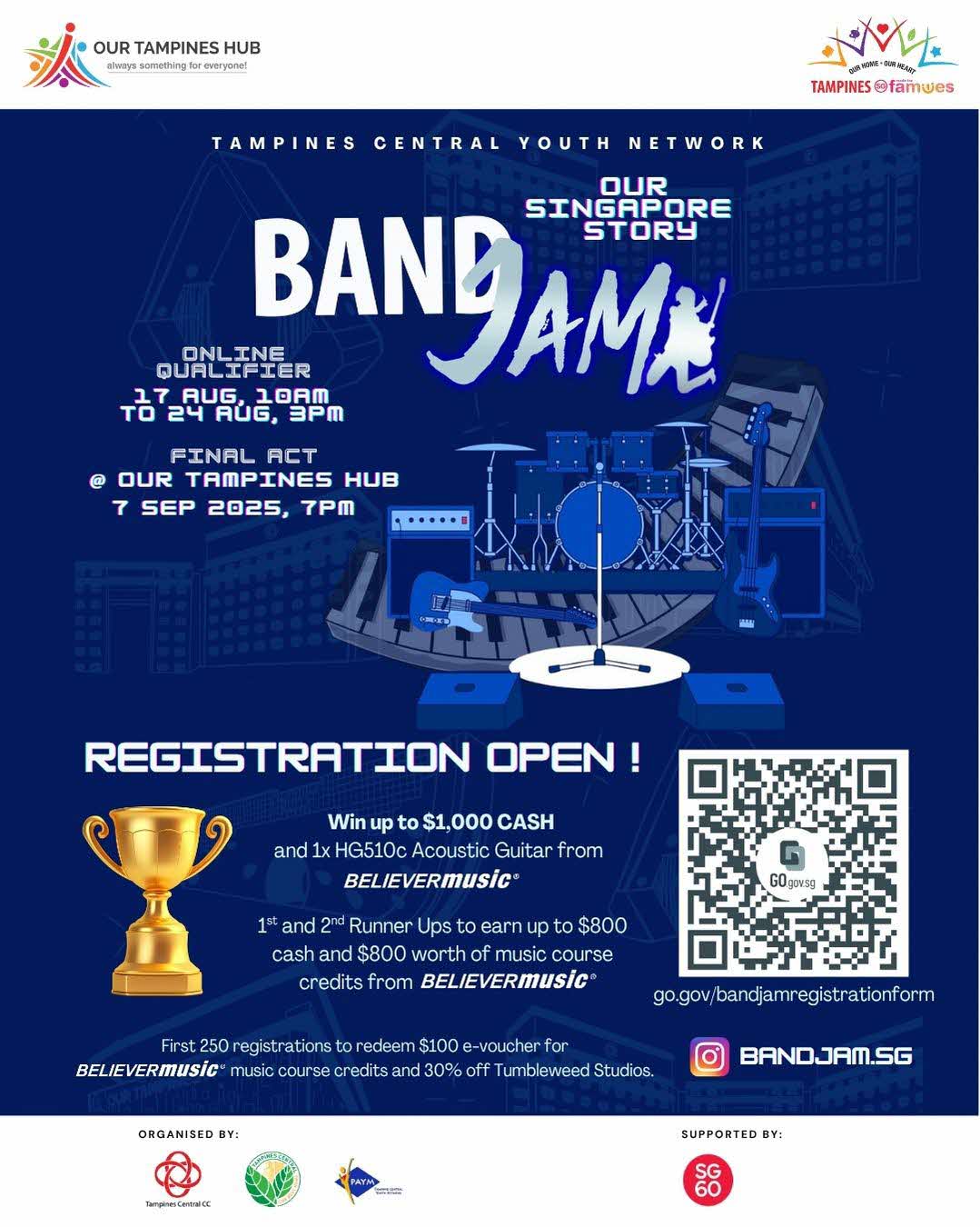 Promotional image for the BandJAM! music competition, featuring musical instruments and vibrant graphics.