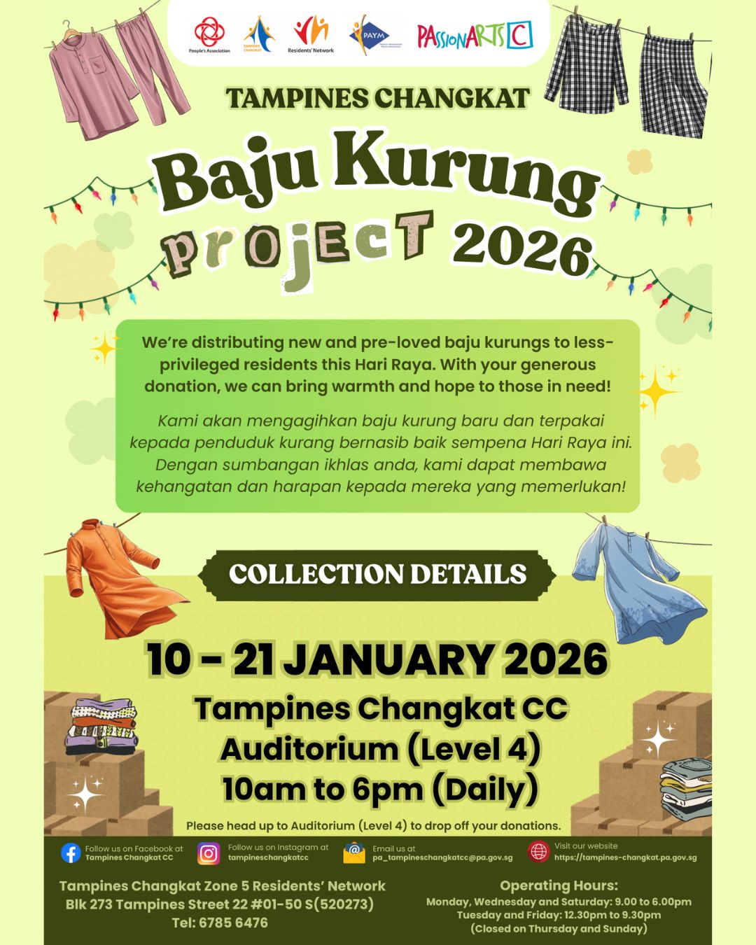 A vibrant collection of Baju Kurungs, symbolizing community spirit and giving.
