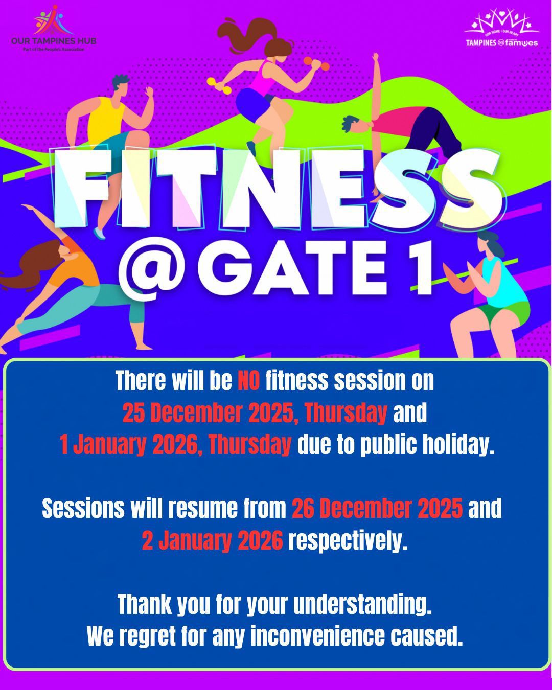 Our Tampines Hub entrance or fitness area, symbolizing holiday closures.