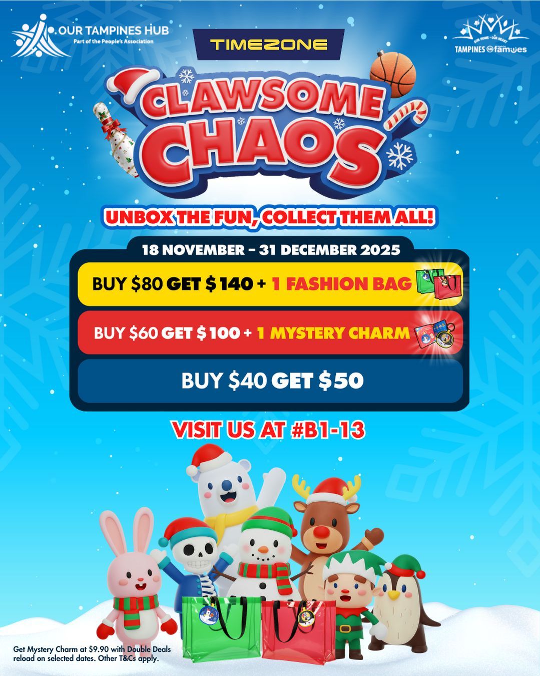 A vibrant graphic promoting Timezone's Clawsome Chaos event, featuring cute, game-inspired character charms and festive elements.