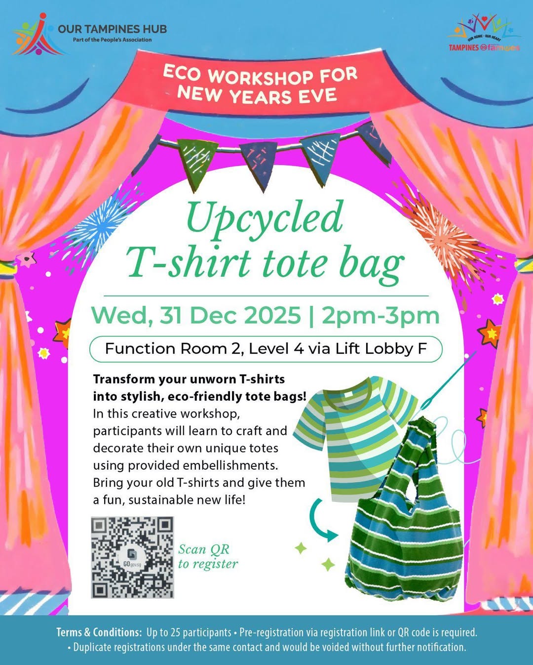 A collection of colorful, upcycled T-shirt tote bags displayed at a workshop.