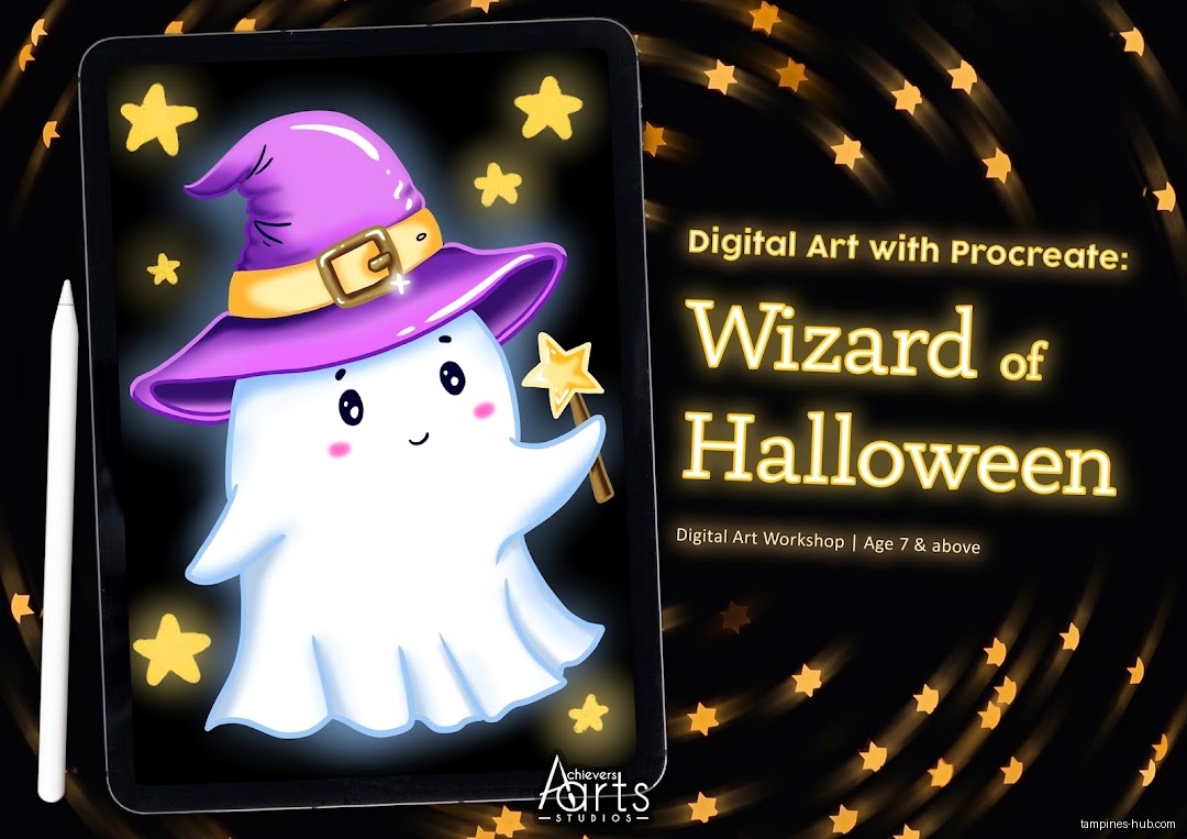 Image shows a digital art workshop advertisement with a cartoon ghost wizard.