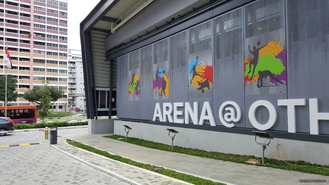Exterior view of Arena @ OTH with sports-themed graphics and signage.