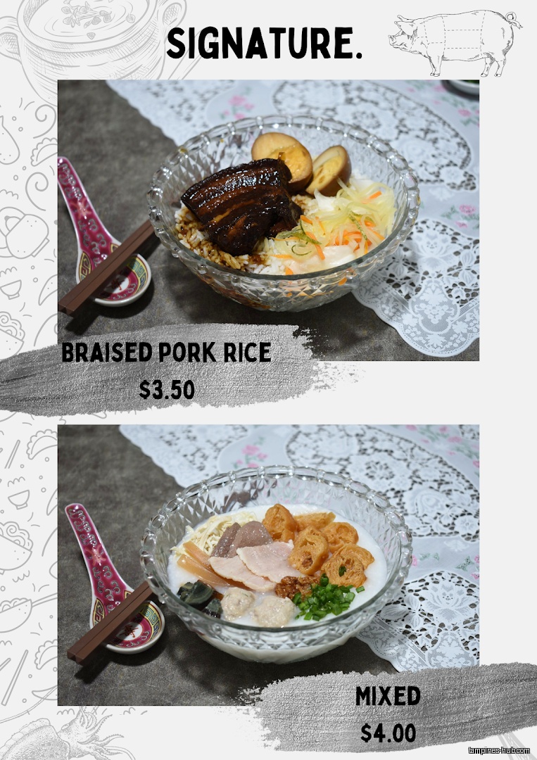 The image shows a menu with braised pork rice and mixed porridge.