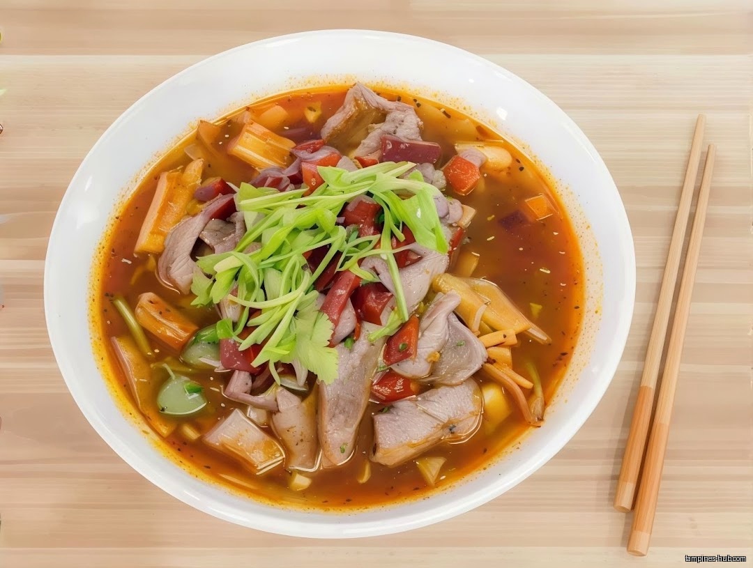 A bowl of Chinatown Mala Hotpot soup with meat and vegetables.
