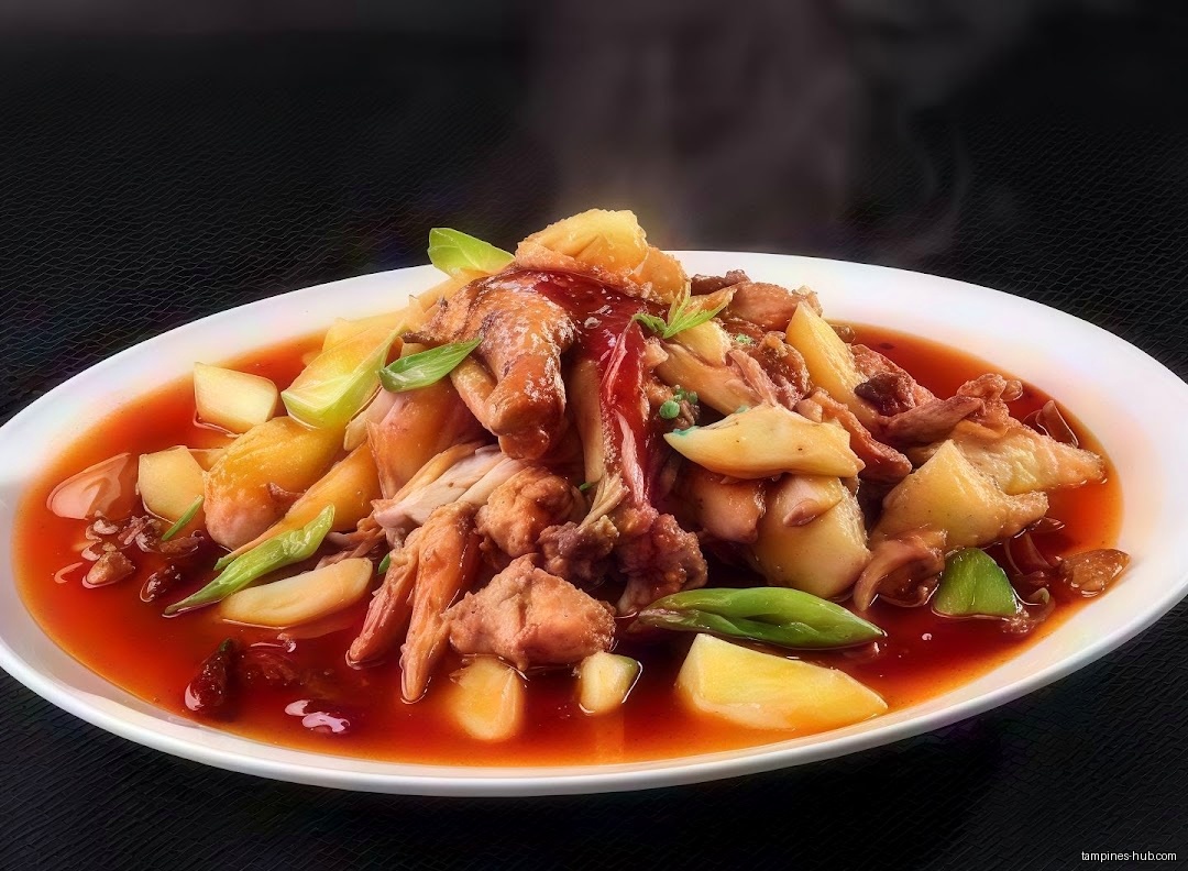 A plate of Chinatown Mala Hotpot food with chicken and potatoes.