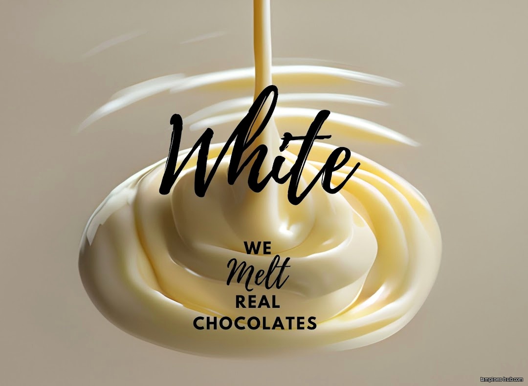 Image shows white chocolate being poured with text overlayed on top.