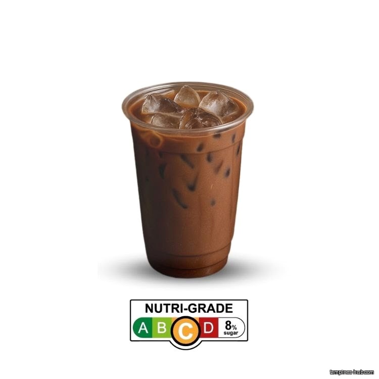 A plastic cup filled with iced chocolate drink and a nutri-grade label.