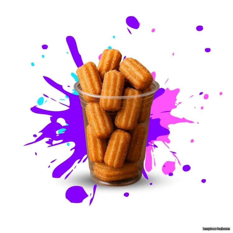 A clear plastic cup filled with churros against a colorful background.