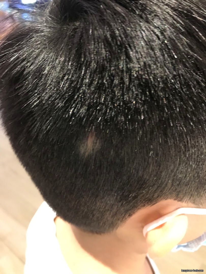 Close-up of a person's short, dark hair, possibly after a haircut.