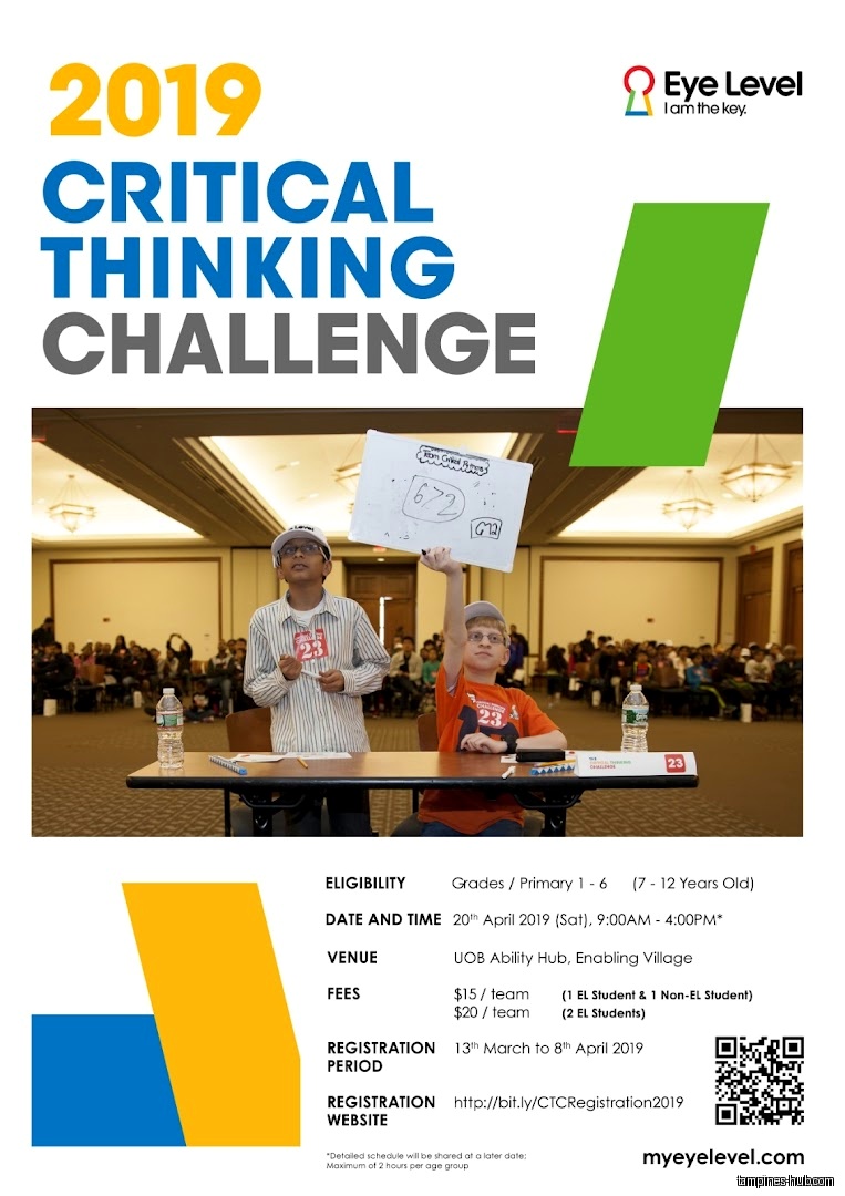 Poster advertising the 2019 Critical Thinking Challenge by Eye Level Learning Centre.