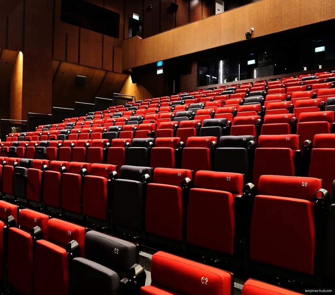 The image shows rows of red and black seats in a theater.