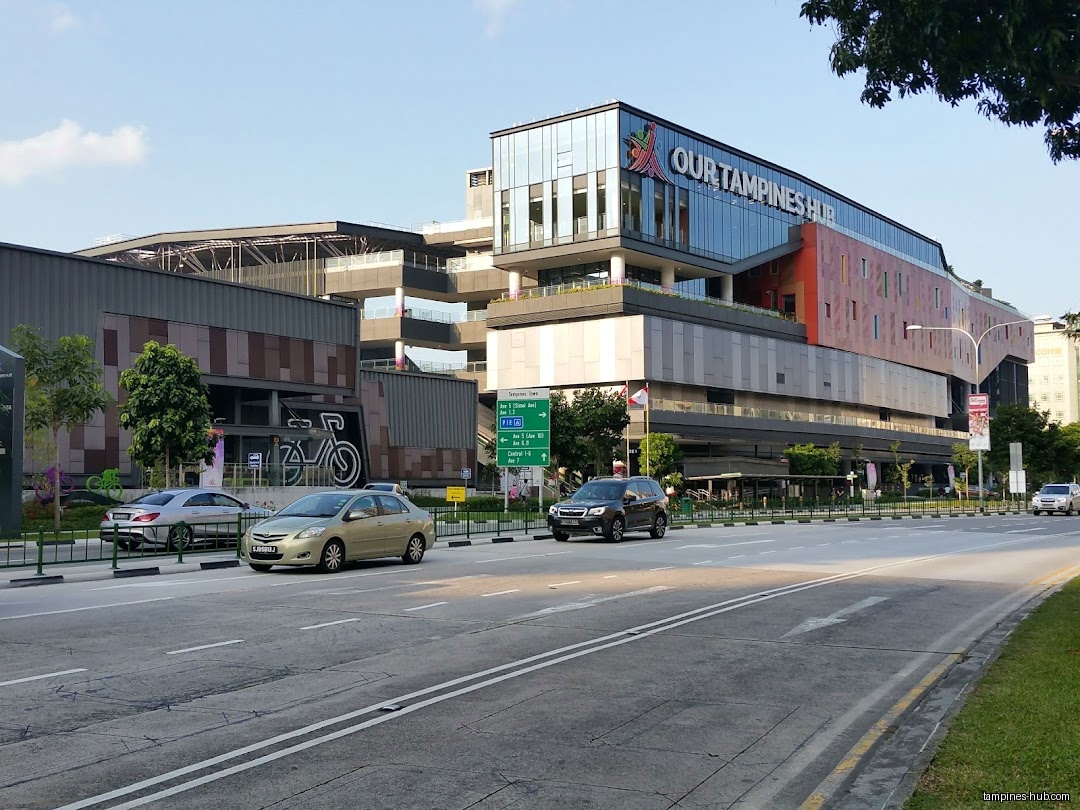 Exterior view of Our Tampines Hub, a multi-story building complex.