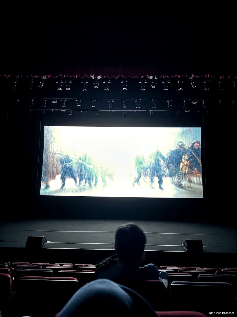 A person watches a movie on a large screen in a theater.