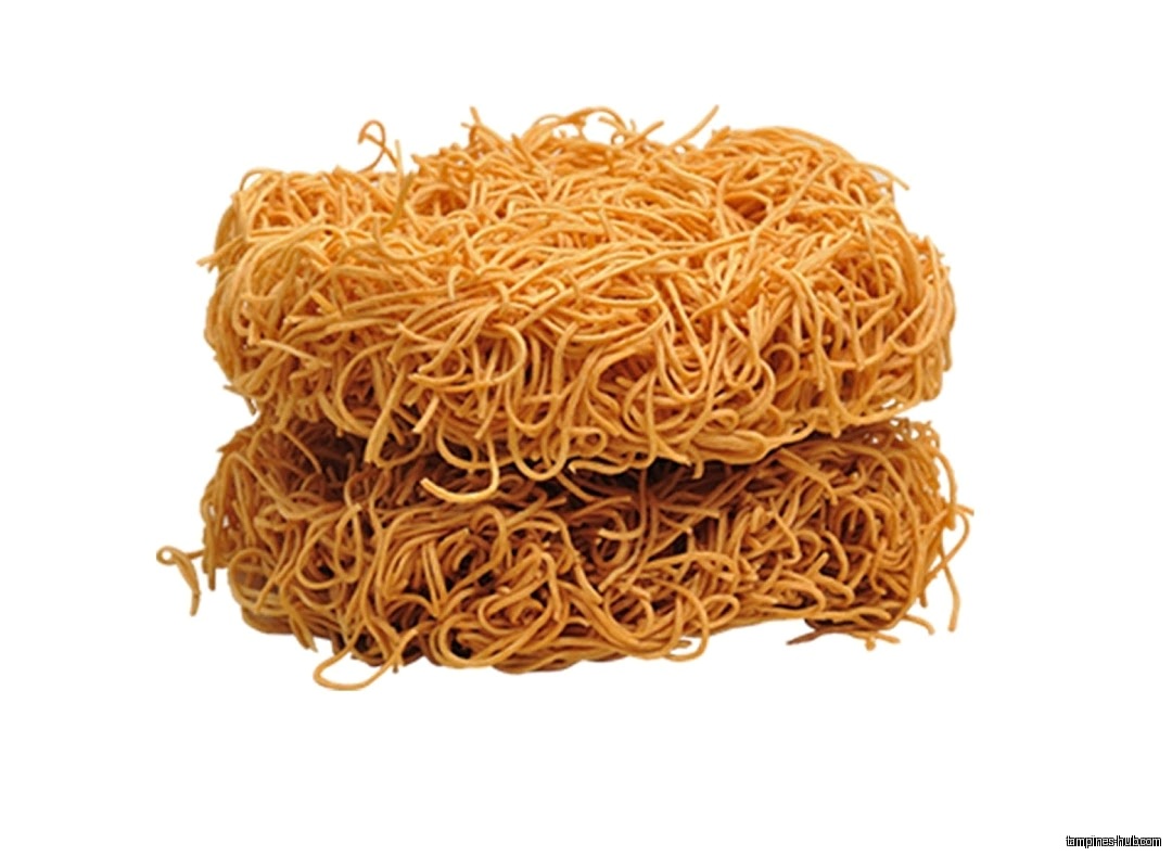 Two stacks of crispy fried noodles are shown on a white background.