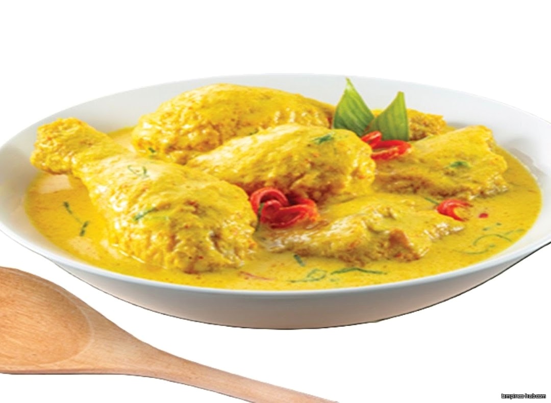 A plate of yellow curry chicken with a wooden spoon.
