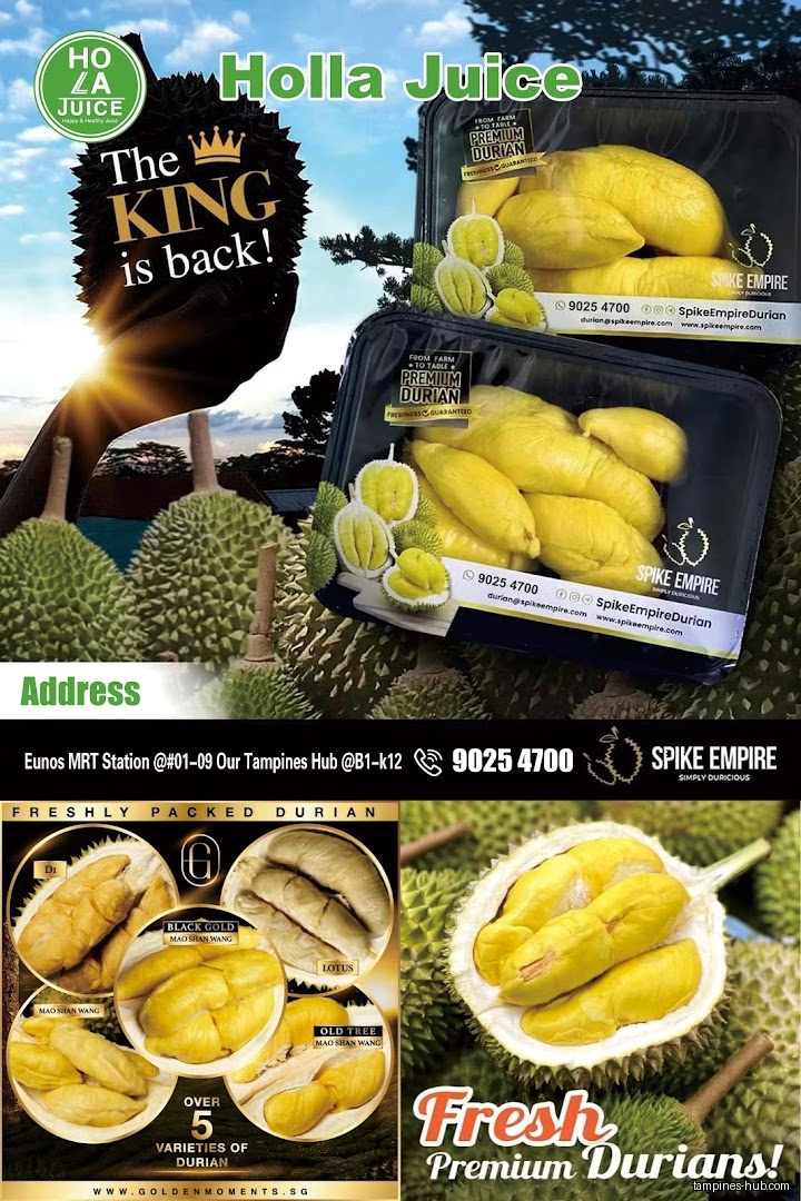 This image shows a Holla Juice advertisement for fresh premium durians.