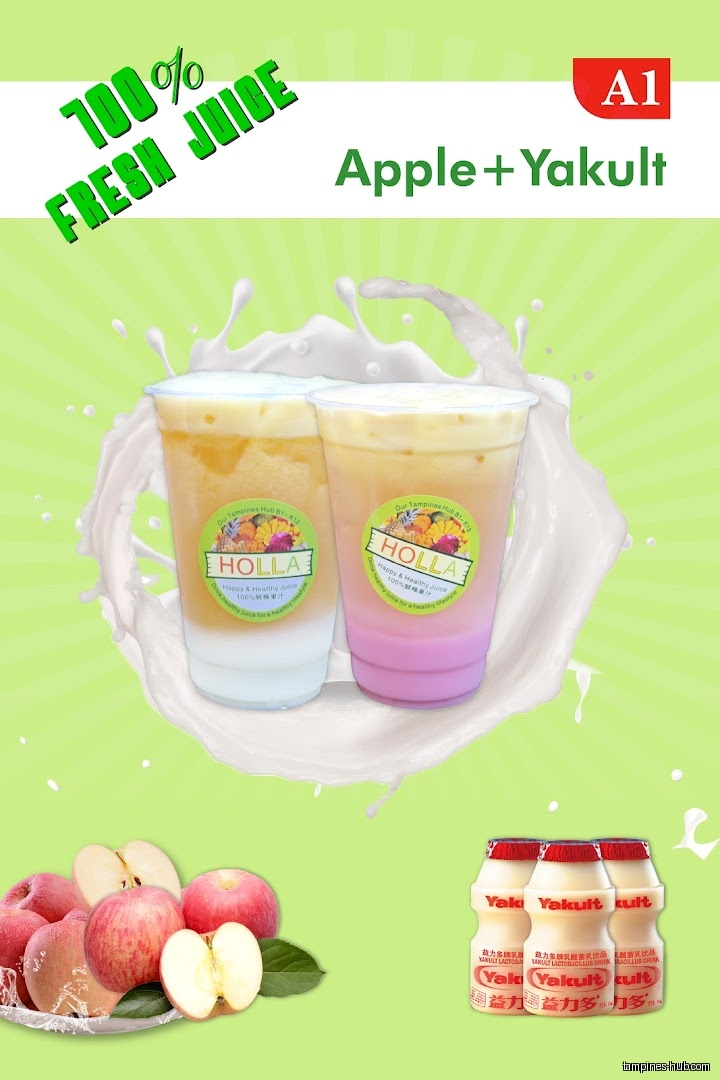 Holla Juice menu featuring Apple + Yakult drink with ingredients.