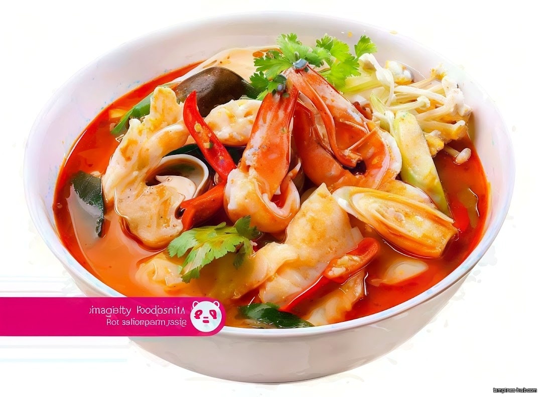 A bowl of Tom Yum soup with shrimp, mushrooms, and chili peppers.